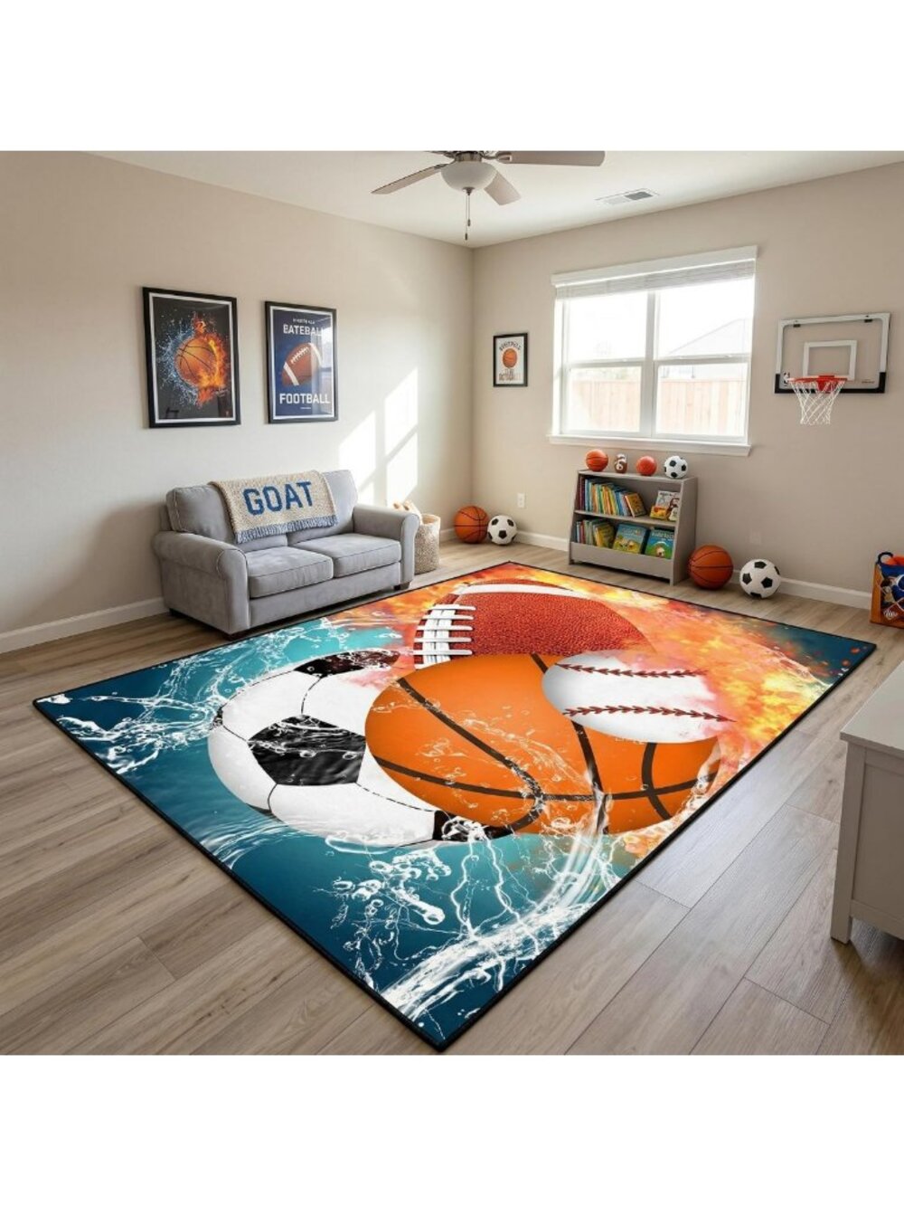 Basketball Area Rug 9'x12' - Sports Themed Carpet for Kids Room & Playroom Decor